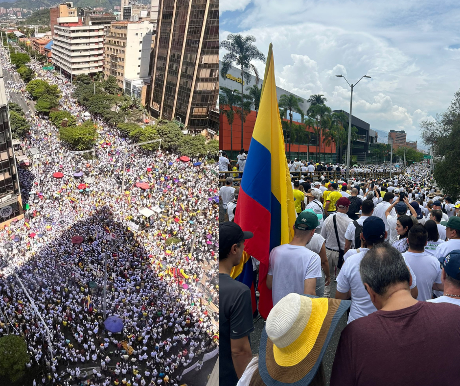 En la imagen algunas de las escenas que se vieron en la marcha contra el Gobierno en Medellín el 21 de abril. Fotos: sacadas de X @LuisFSuarezV